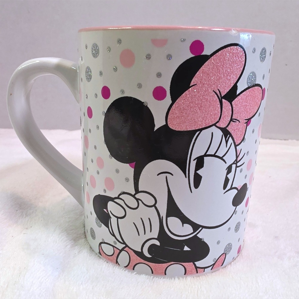 Disney Minnie Mouse Silver Buffalo 14oz Ceramic Mug Pink Glitter Polka Dot
